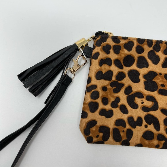 Animal Leopard Print Zip Top Tassel Wristlet Clutch Womens Accessory Bag - Picture 5 of 5